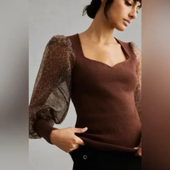Anthropologie DOLAN Puff-Sleeve Sweater in Brown Motif Leopard NWT - Picture 4 of 6